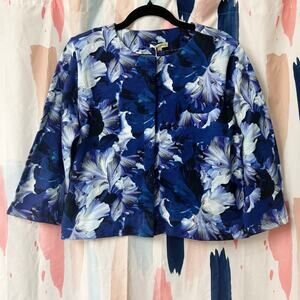 Pashma Arte Blue Floral Quarter Sleeve Snap Button Cotton Jacket Top Size Small